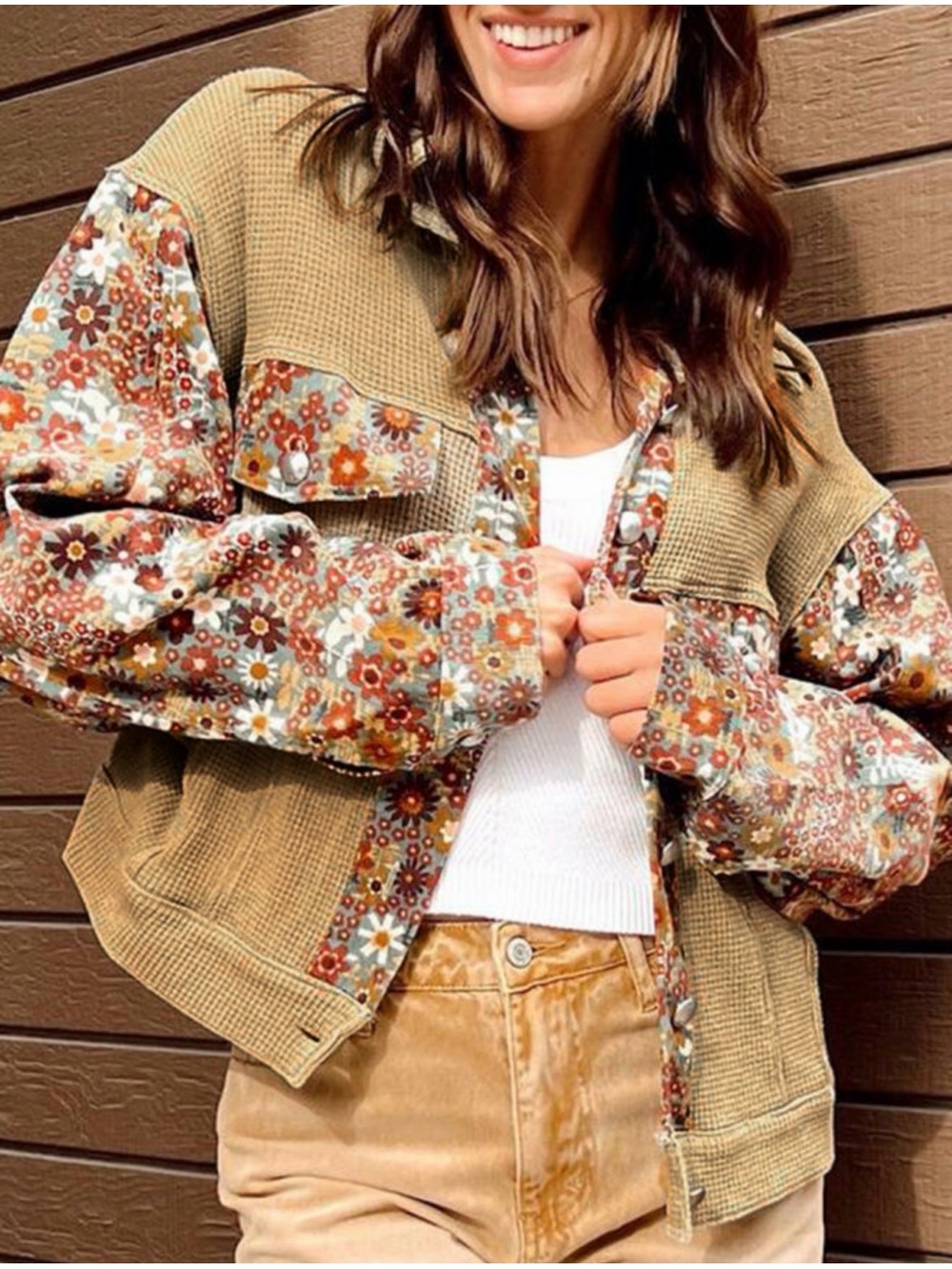 BOUTIQUE Khaki Waffle Knit Floral Print Patchwork Button Up Jacket